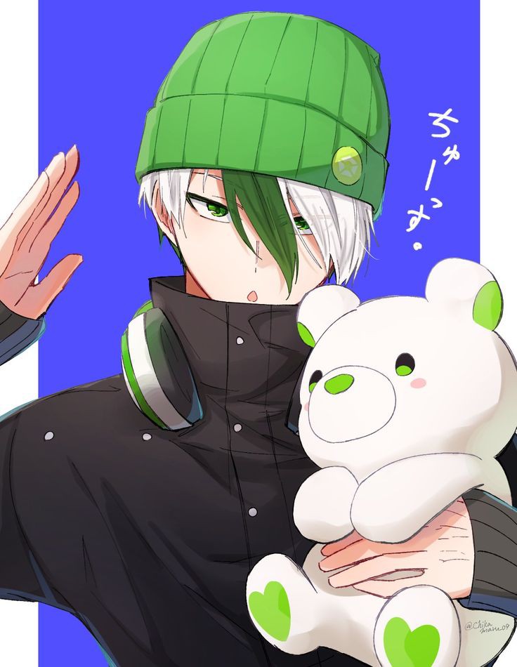 1boy arm_up black_sweater blue_background blue_lock cap green_cap green_eyes green_hair headphones long_hair multicolored_hair open_mouth otoya_eita simplecar stuffed_animal stuffed_toy sweater teddy_bear two-tone_hair white_background white_hair