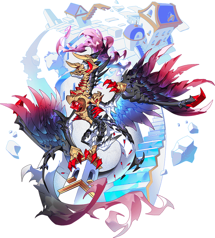 black_sclera blue_wings building colored_sclera debris dragon dragon_village_(series) dragon_village_collection feathered_wings fiery_hair game_cg gem inverso_(dragon_village) inverso_(tuned)_(dragon_village) looking_at_viewer no_humans official_art red_gemstone red_wings stairs third-party_source tower transparent_background wings wyvern yellow_eyes