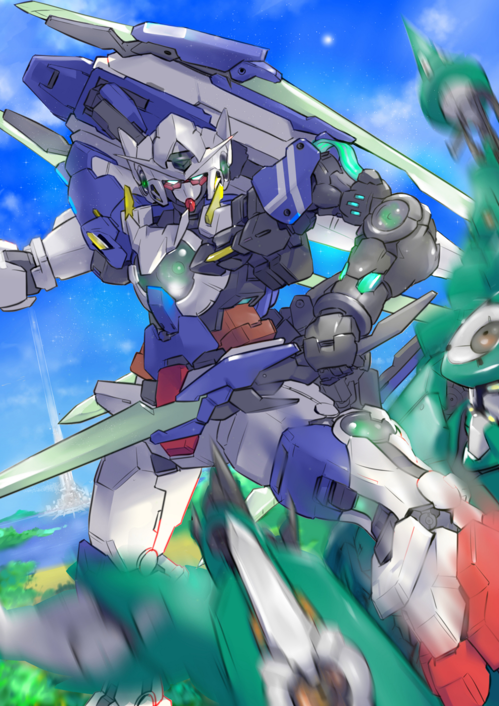 00_qan[t] blue_eyes extra_eyes fighting glowing glowing_eyes green_eyes gundam gundam_00 gundam_00_a_wakening_of_the_trailblazer gundam_00_festival_10_&quot;re:vision&quot; highres holding holding_sword holding_weapon looking_at_viewer mecha mecha_request mobile_suit motion_blur ni~tsu_kashi no_humans robot sky sword v-fin weapon