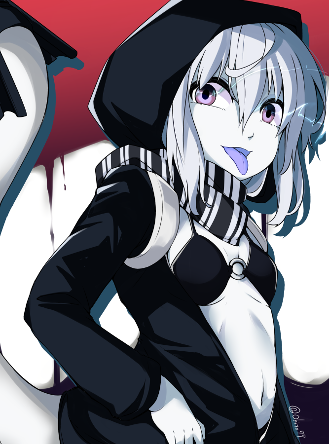 1girl abyssal_ship bikini black_bikini black_hoodie breasts glowing glowing_eyes hood hoodie kantai_collection long_sleeves o-ring o-ring_top okitarou_(okiyo) pale_skin purple_eyes re-class_battleship scarf short_hair small_breasts solo swimsuit tail white_hair