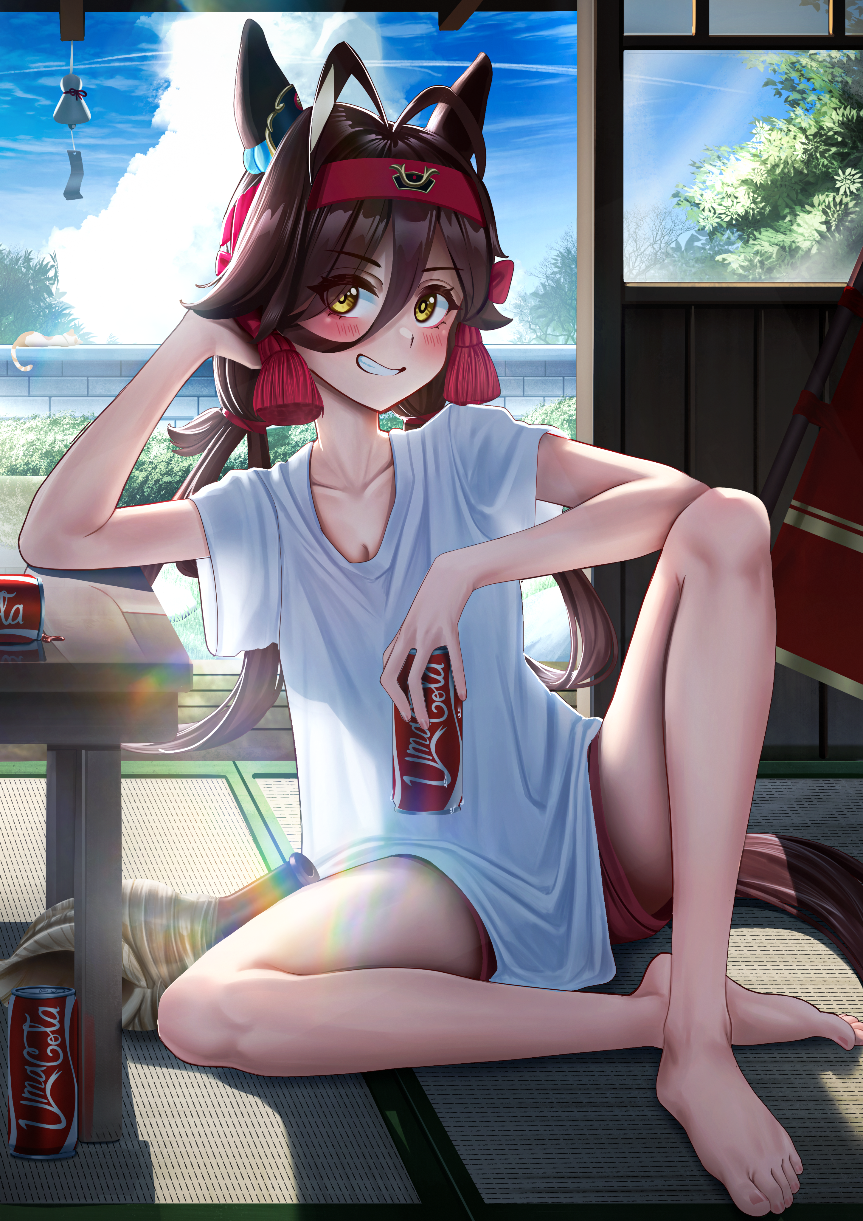 absurdres alternate_costume animal_ears antenna_hair barefoot blush breasts brown_hair can casual cleavage cloud coca-cola collarbone grin hairband highres horse_ears horse_girl horse_tail manjo_(warito) no_reason_(umamusume) plant see-through_clothes see-through_shirt shirt shorts sitting sky small_breasts smile table tail umamusume yellow_eyes