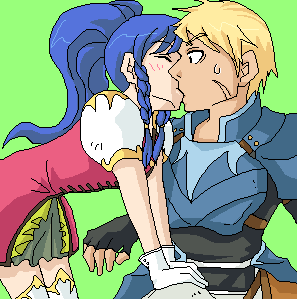 arm_support armor belt bent_over black_eyes blonde_hair blue_hair braid closed_eyes cormag_(fire_emblem) couple fingerless_gloves fire_emblem fire_emblem:_the_sacred_stones gloves kiss long_hair lowres nintendo pegasus_knight_uniform_(fire_emblem) ponytail princess scar short_hair sitting surprised sweat tana_(fire_emblem) thighhighs twin_braids wyvern_rider