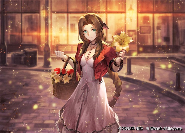 1girl aerith_gainsborough braid braided_ponytail brown_hair cropped_jacket dress final_fantasy final_fantasy_vii flower_basket jacket long_dress looking_at_viewer magic:_the_gathering nakamura_eight official_art parted_bangs pink_dress red_jacket road solo standing street