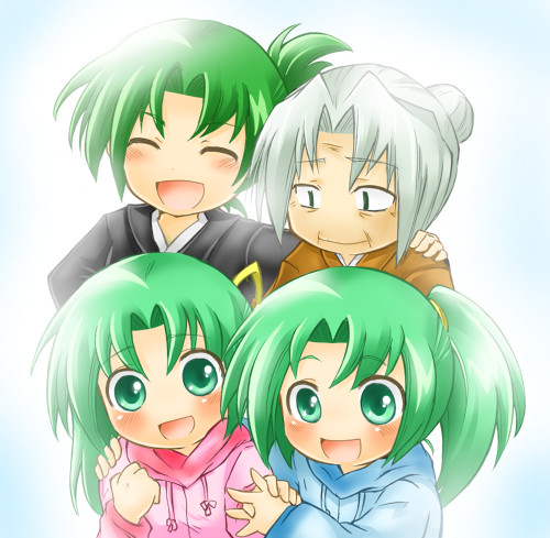 00s 4girls child closed_eyes family green_eyes green_hair higurashi_no_naku_koro_ni long_hair lowres mother_and_daughter multiple_girls old old_woman ribbon siblings sisters smile sonozaki_akane sonozaki_mion sonozaki_oryou sonozaki_shion twins