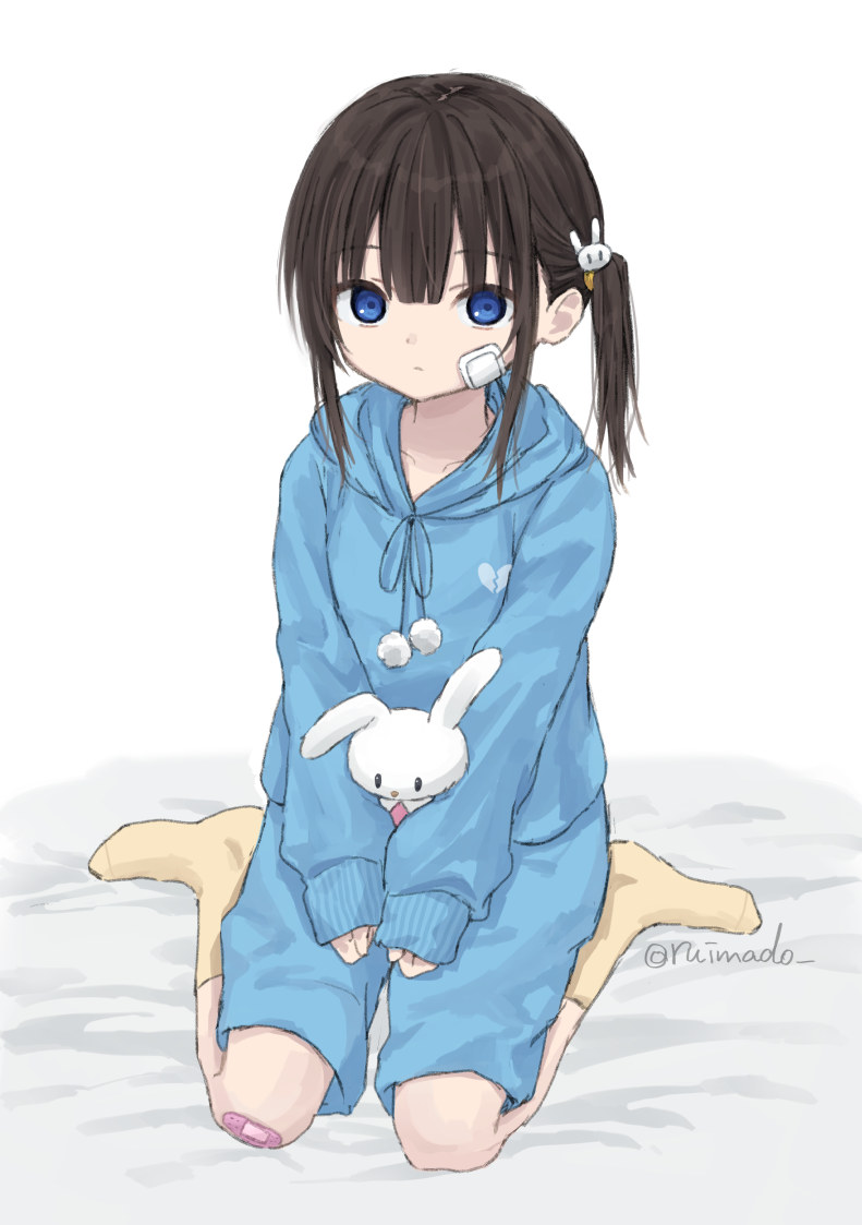 1girl bandage_on_face bandages bandaid bandaid_on_knee bandaid_on_leg bed_sheet black_hair blue_eyes blue_pajamas broken_heart_print child commentary_request expressionless hair_between_eyes hair_ornament kneeling looking_at_viewer original pajamas pink_bandaid rabbit_hair_ornament ruimado signature socks white_background yellow_socks yu_(ruimado)