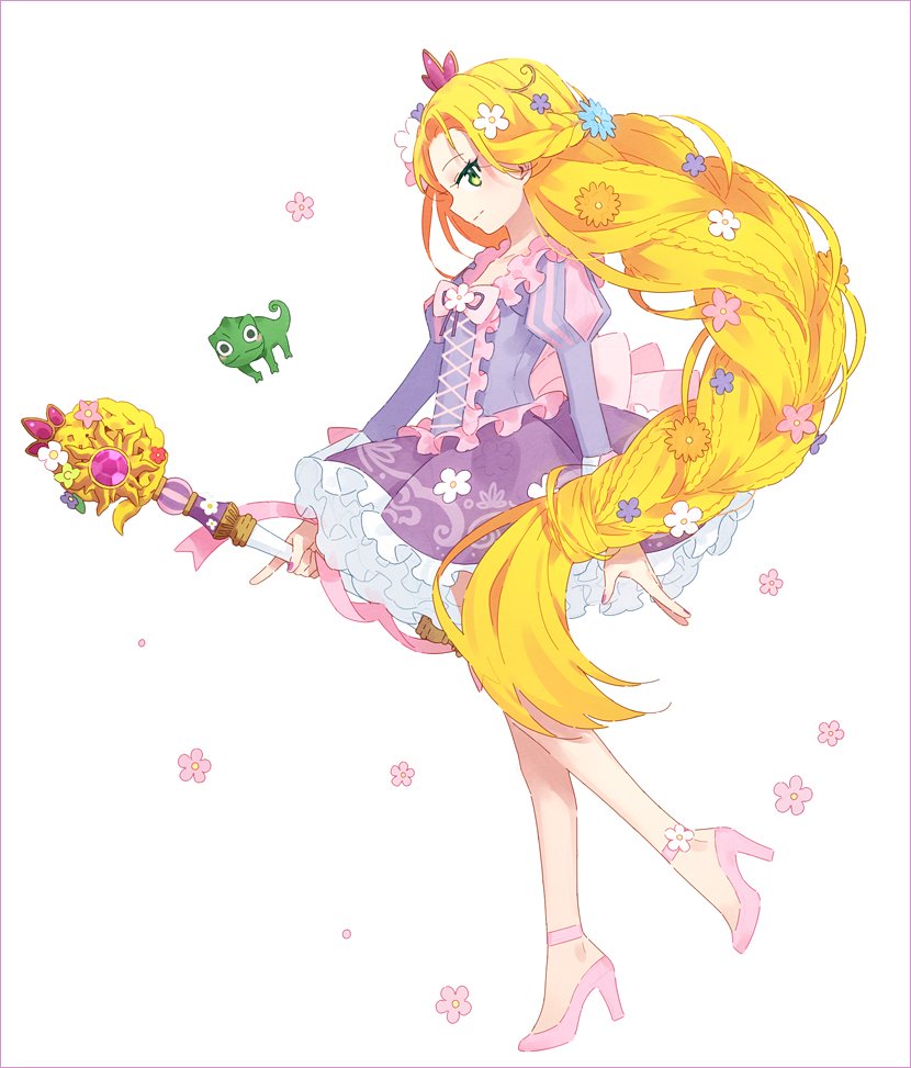 1girl adapted_costume ankle_ribbon blonde_hair braid bubble_skirt chameleon disney flower green_eyes hair_flower hair_ornament hakusai_(tiahszld) high_heels leg_ribbon long_hair looking_at_viewer magical_girl nail_polish parted_lips pascal_(tangled) rapunzel_(disney) ribbon simple_background skirt smirk staff tangled very_long_hair white_background