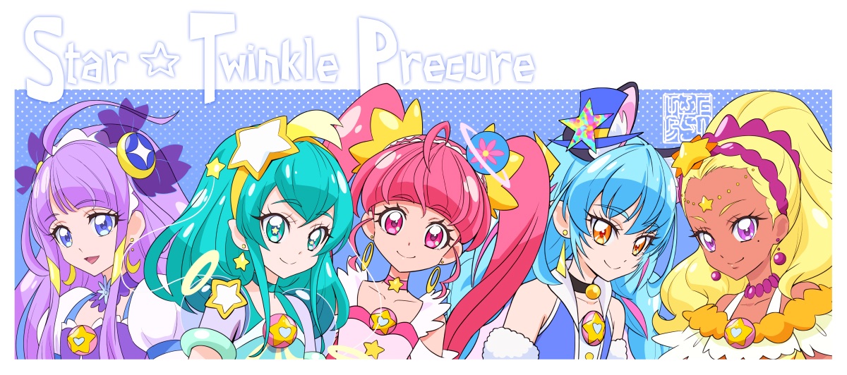 5girls amamiya_elena animal_ears aqua_eyes aqua_hair artist_logo blonde_hair blue_eyes blue_hair cat_ears choker commentary_request copyright_name cure_cosmo cure_milky cure_selene cure_soleil cure_star earrings extra_ears eyelashes hagoromo_lala hair_ornament happy hoshina_hikaru jewelry kaguya_madoka kamikita_futago logo looking_at_viewer magical_girl multiple_girls orange_eyes pink_eyes pink_hair precure purple_eyes purple_hair smile star_twinkle_precure twintails yuni_(precure)