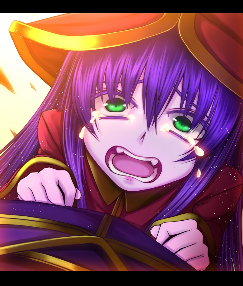 1girl animal_ears fangs green_eyes hat league_of_legends letterboxed long_hair lulu_(league_of_legends) oldlim pov purple_hair summoner_(league_of_legends) tears witch_hat yordle