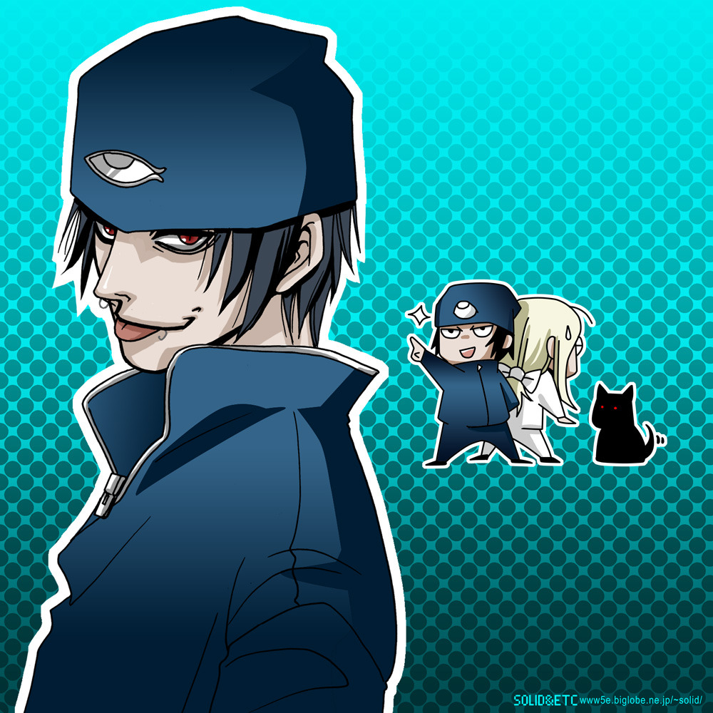 2boys artist_name back-to-back beanie black_hair blonde_hair blue_jacket bow brothers chibi dog glasses hair_bow hat hellsing jacket jan_valentine long_hair low-tied_long_hair luke_valentine male_focus multiple_boys pointing polka_dot polka_dot_background red_hair siblings tongue tongue_out toshimichi_yukari watermark web_address