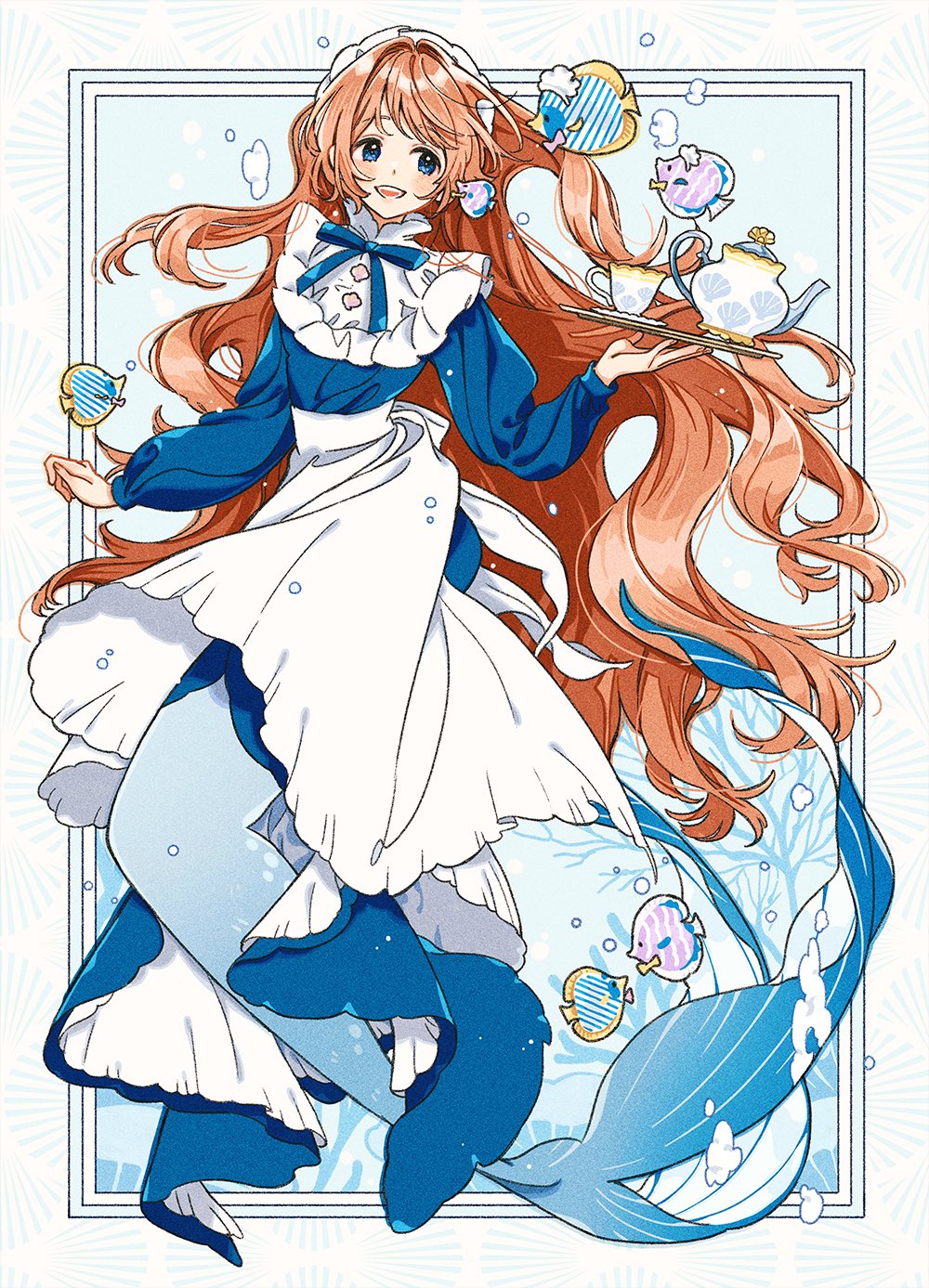 1girl apron blue_dress blue_eyes blush border cup dot_nose dress fish happy highres holding holding_tray keishin long_hair long_sleeves maid maid_headdress mermaid monster_girl open_mouth orange_hair original outside_border smile straight_hair tareme teacup teapot teeth tray upper_teeth_only very_long_hair white_apron