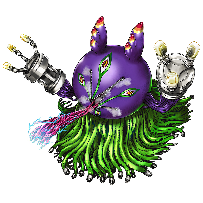 algomon algomon_adult antennae cable colored_sclera digimon digimon_(creature) extra_eyes metal_gloves monster official_art simple_background solo tentacles white_background yellow_sclera