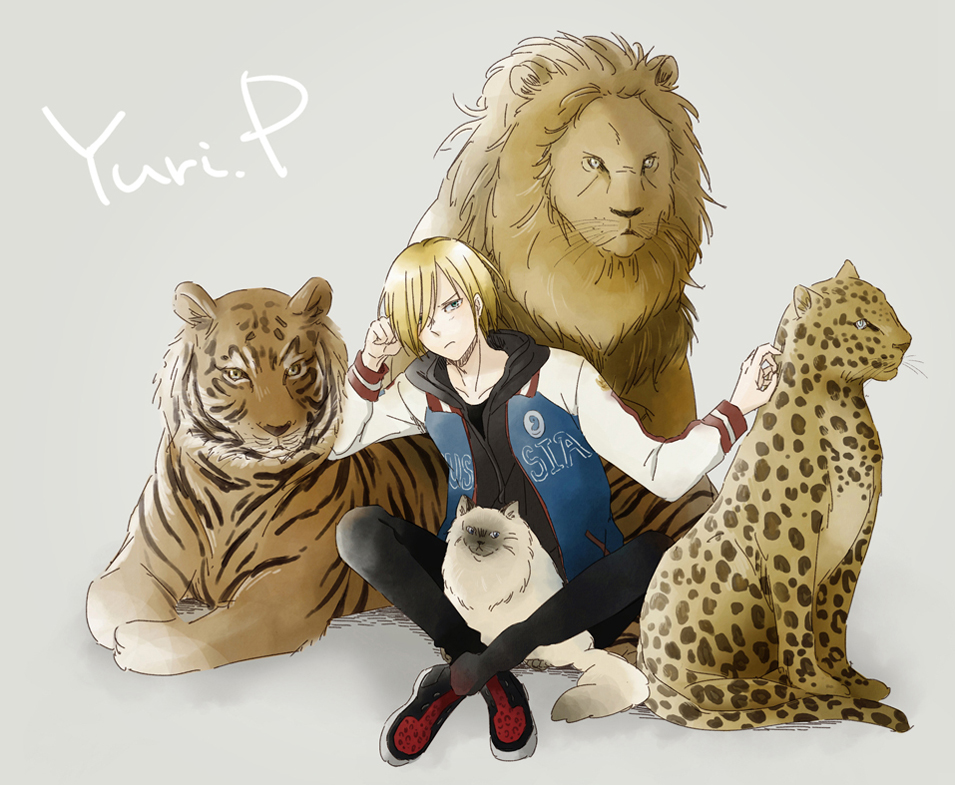 10s 1boy animal_print blonde_hair cat character_name green_eyes hair_over_one_eye indian_style jacket leopard leopard_print lion male_focus mamemomota puma_tiger_scorpion sitting tiger track_jacket yuri!!!_on_ice yuri_plisetsky