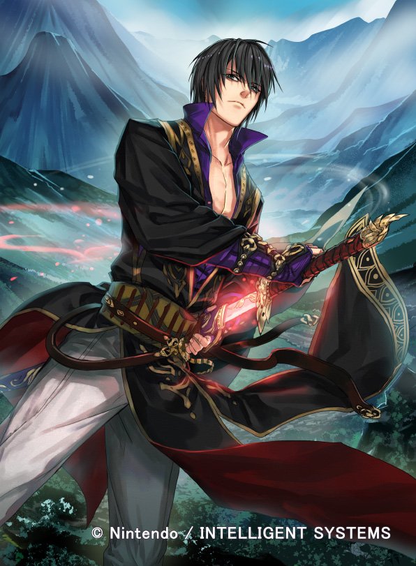 1boy black_eyes black_hair company_name fire_emblem fire_emblem:_thracia_776 fire_emblem_cipher kuroba.k male_focus mountain official_art shiva_(fire_emblem) sky solo sword upper_body weapon
