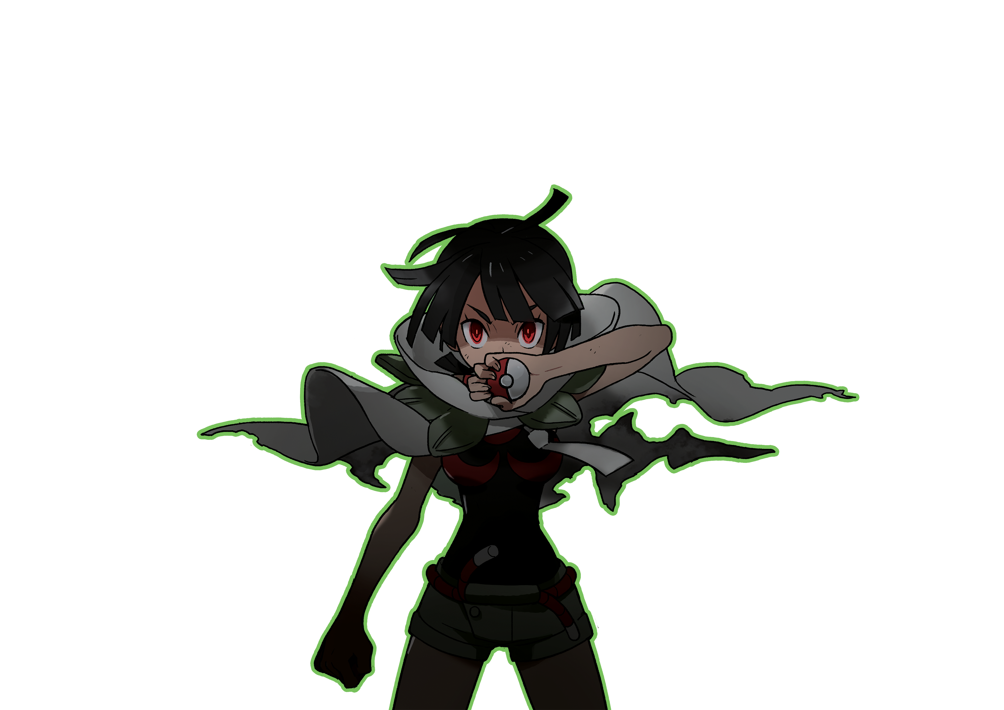 1girl absurdres black_hair cape clenched_hand eyelashes green_outline highres holding holding_poke_ball looking_at_viewer nintendo official_art oomura_yuusuke outer_glow outline poke_ball poke_ball_(basic) pokemon pokemon_oras red_eyes second-party_source solo transparent_background v-shaped_eyebrows zinnia_(pokemon)