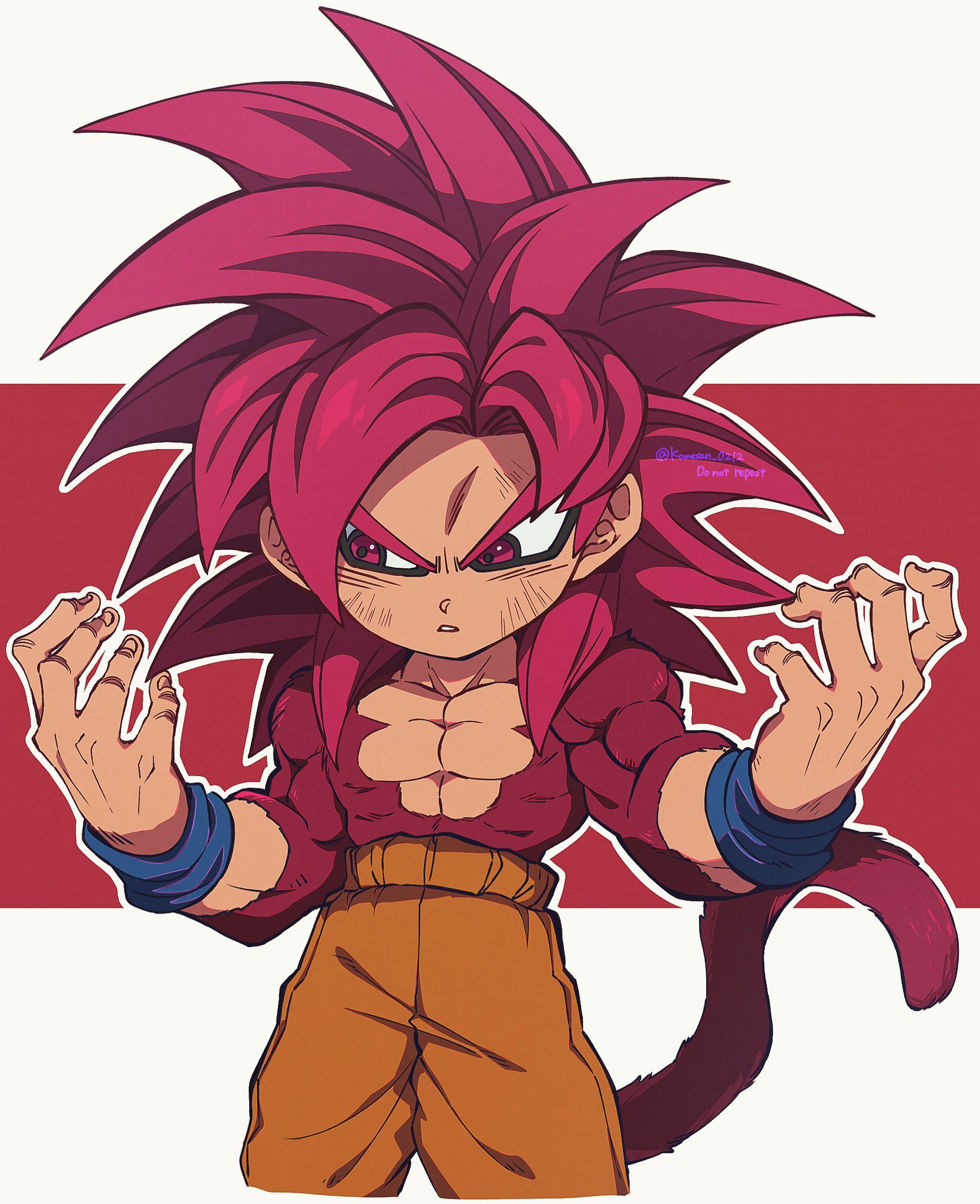 1boy body_fur cowboy_shot dragon_ball dragon_ball_daima highres komesan_0212 long_hair male_focus monkey_tail muscular muscular_male orange_pants pants red_eyes red_fur red_hair red_tail simple_background solo son_goku spiked_hair super_saiyan super_saiyan_4 tail