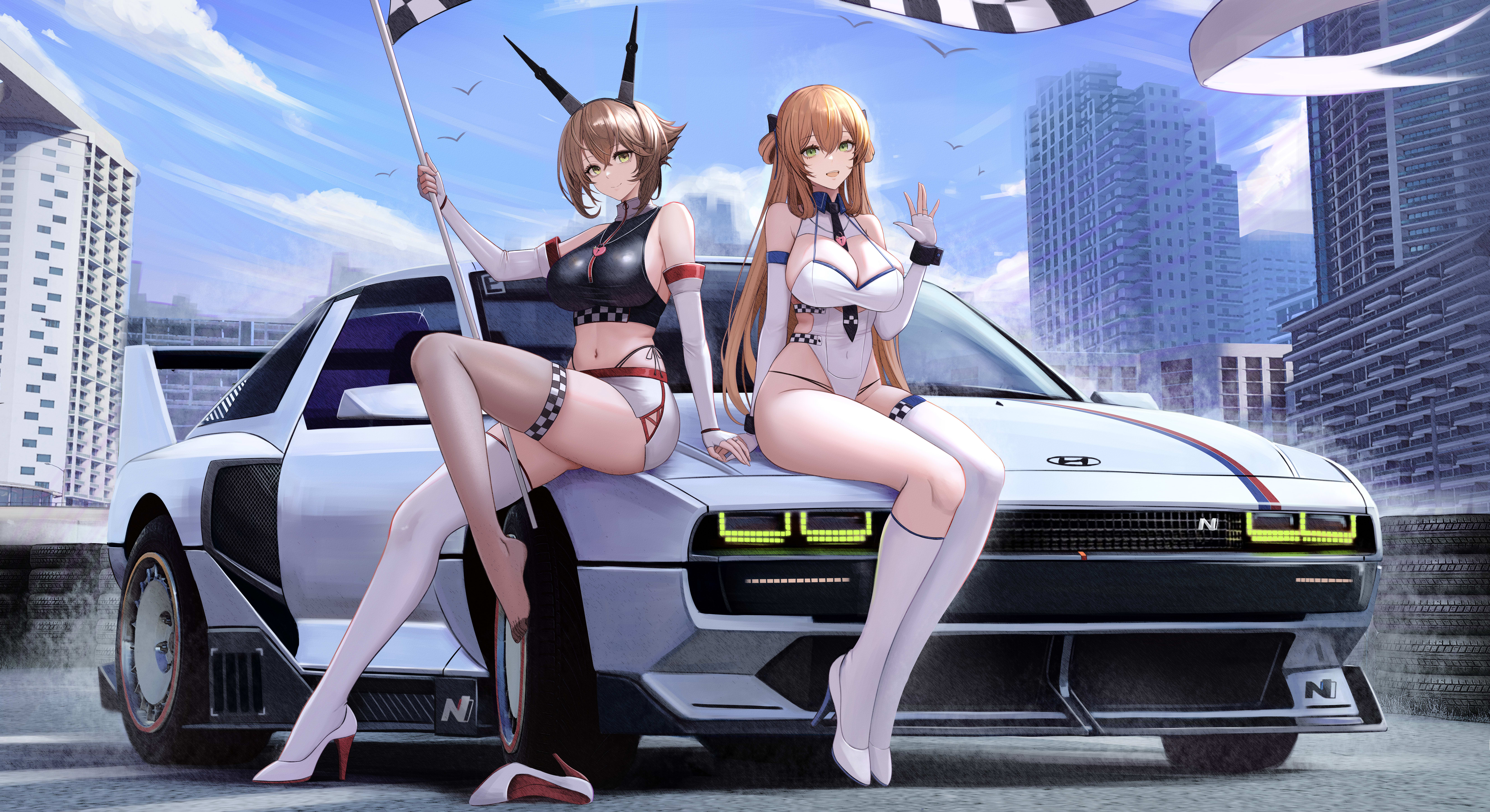 2girls absurdres alternate_costume asymmetrical_legwear between_breasts black_necktie blue_sky breasts brown_hair building car cloud commentary commission covered_navel elbow_gloves english_commentary feet fingerless_gloves flag full_body girls'_frontline gloves green_eyes hair_between_eyes high_heels highleg highleg_panties highres holding holding_flag jakuri_(ar_tonelico) kantai_collection kcar66t long_hair looking_at_viewer miniskirt mismatched_legwear motor_vehicle multiple_girls mutsu_(kancolle) navel necktie necktie_between_breasts on_car open_mouth outdoors panties pixiv_commission race_queen shoes short_hair simple_bird sitting skindentation skirt sky smile springfield_(girls'_frontline) thighhighs toes underwear unworn_shoes white_car white_gloves white_skirt white_thighhighs