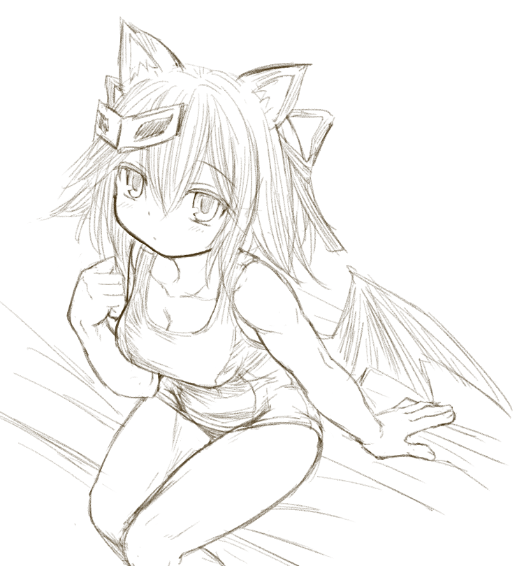 1girl animal_ears bat_wings breasts cat_ears character_request cleavage female_focus greyscale hair_ornament hair_ribbon kasuga_yukihito long_hair looking_at_viewer low_wings medium_breasts monochrome one-piece_swimsuit ribbon sitting sketch solo swimsuit wings