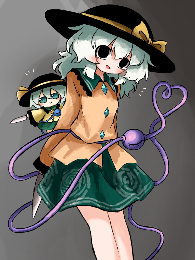 2girls arms_at_sides black_eyes black_hat blouse bow buttons chibi commentary_request contrast_collar diamond_button feet_out_of_frame floral_print frilled_shirt_collar frills fumo_(doll) green_hair green_skirt grey_background hat hat_bow hat_ribbon heart heart_of_string heripantomorrow holding holding_knife knife komeiji_koishi long_sleeves looking_at_viewer medium_hair multiple_girls notice_lines open_mouth print_skirt ribbon rose_print shirt skirt smile standing third_eye touhou yellow_bow yellow_ribbon yellow_shirt