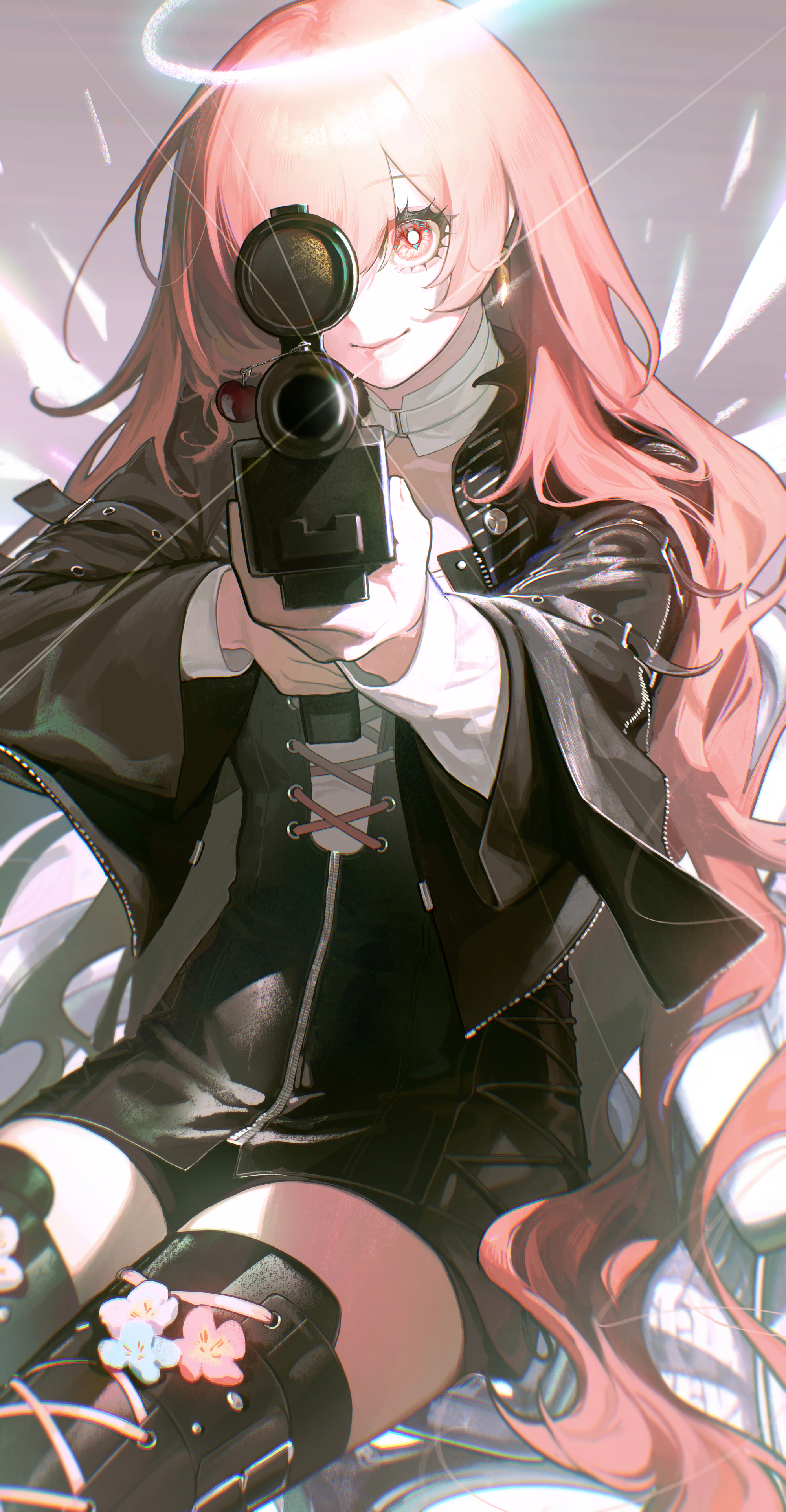 1girl absurdres aiming aiming_at_viewer arknights black_jacket bright_pupils closed_mouth gootai gun halo highres holding holding_gun holding_weapon jacket lemuen_(arknights) long_hair one_eye_covered pink_eyes pink_hair rifle sitting smile solo very_long_hair weapon white_halo white_pupils white_sleeves