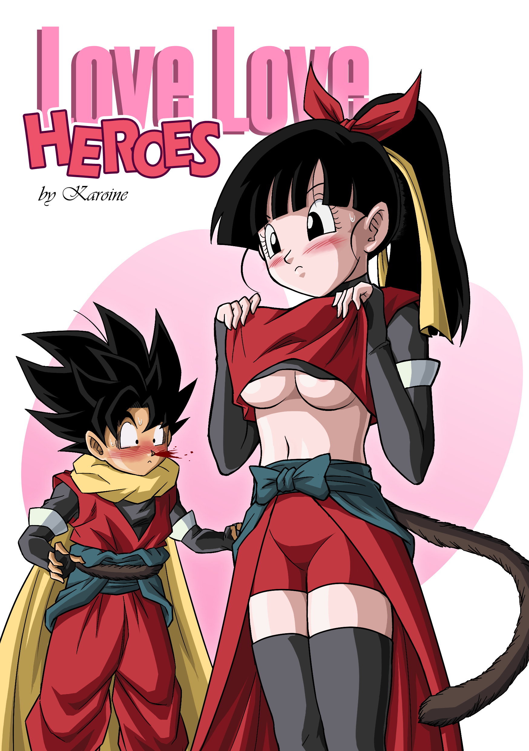 beat (dragon ball), note (dragon ball), dragon ball, dragon ball heroes,  absurdres, artist request, highres, 10s, 1boy, 1girl, areola slip, blood,  blush, breasts, nosebleed, ponytail, underboob - Image View - | Gelbooru -