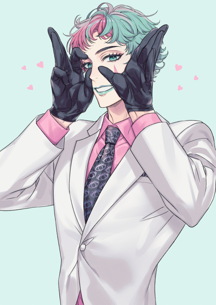 1boy aqua_background aqua_eyes aqua_hair aqua_lips black_gloves black_necktie breast_pocket buttons collared_shirt commentary_request eyelashes facial_mark gloves grin hands_up heart jacket joe_rikiichi joe_rikiichi_(1st_costume) lapels long_sleeves looking_at_viewer male_focus multicolored_hair necktie nijisanji pink_hair pink_shirt pocket pocket_square print_necktie purple_hair shippaiderman shirt short_hair simple_background smile solo streaked_hair teardrop_facial_mark teeth upper_body virtual_youtuber white_jacket wing_collar
