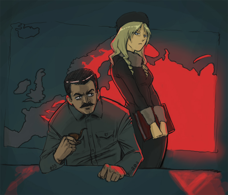 1boy 1girl black_hair blonde_hair blue_eyes command_&amp;_conquer drill_hair europe facial_hair fur hat indoors joseph_stalin map mustache smoking_pipe politician russia russia-onee-sama sitting smoking soviet standing table ussr