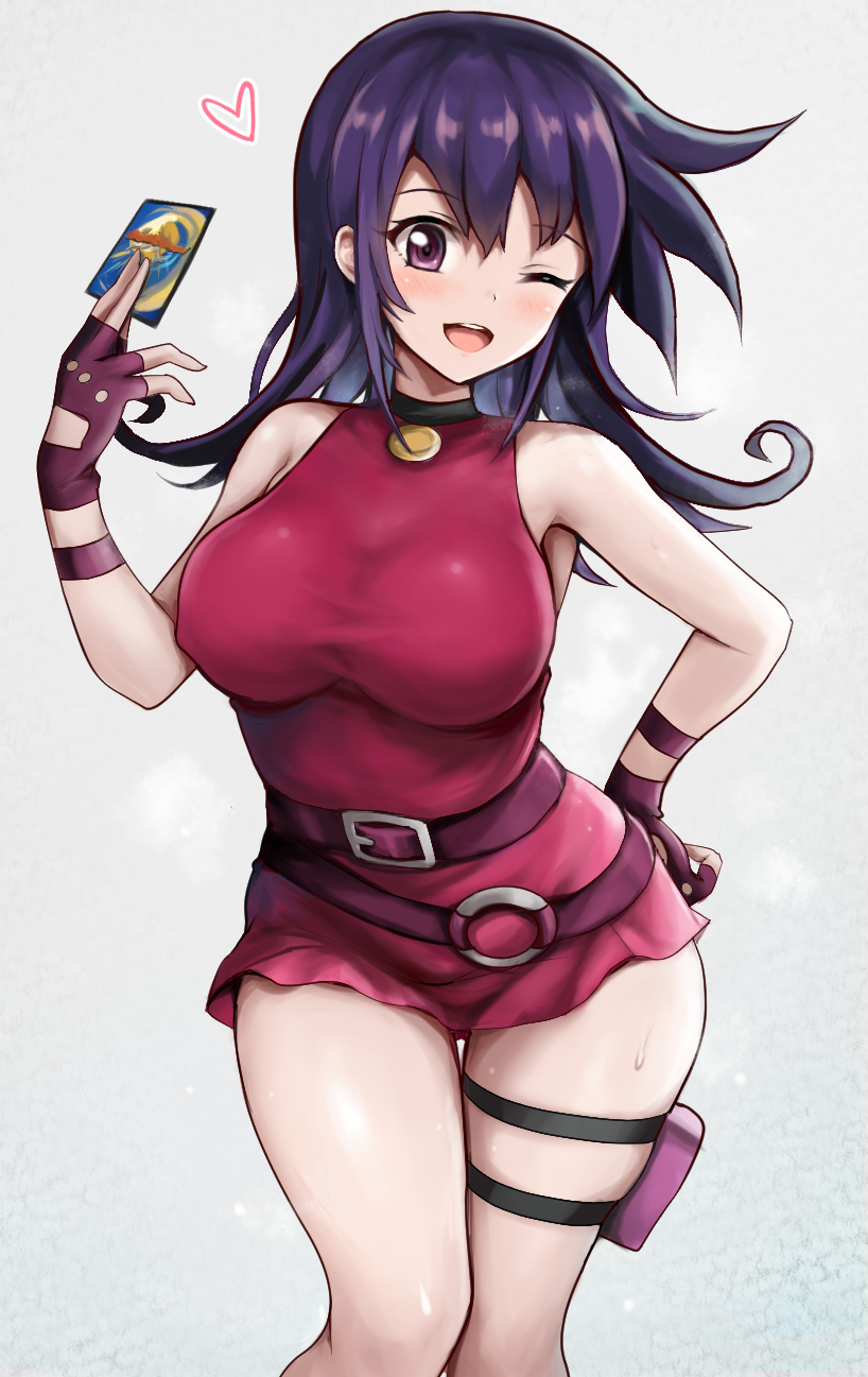 1girl bare_legs bare_shoulders belt blush breasts buckle card card_(medium) dress duel_masters duel_masters_play&#039;s fingerless_gloves gloves hand_on_own_hip highres large_breasts long_hair minidress miniskirt one_eye_closed open_mouth purple_eyes purple_hair r-binon red_dress skirt smile sweatdrop tasogare_mimi