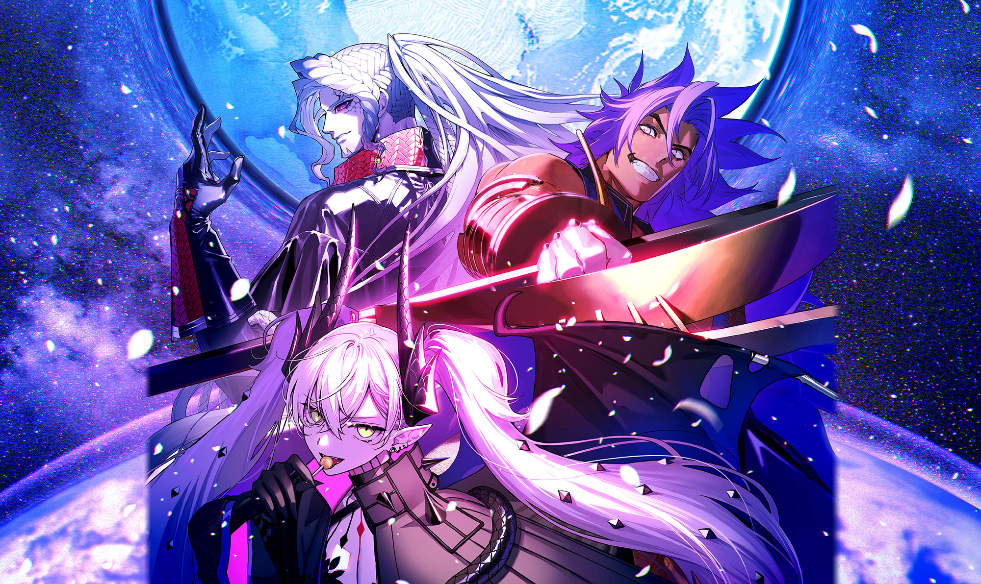 1girl 2boys alessandro_di_cagliostro_(fate) artist_collaboration bhima_(fate) braid breasts candy cleavage cracked_skin dark-skinned_male dark_skin earrings facial_hair falling_petals fate/grand_order fate_(series) food gloves goatee hair_ornament highres holding holding_candy holding_food holding_lollipop holding_weapon horns jacket jewelry lilith_(fate) lilith_(second_ascension)_(fate) lollipop long_hair long_sleeves looking_at_viewer multiple_boys multiple_braids multiple_earrings nipi27 official_art pako_(pakosun) pasties petals pink_hair pointy_ears ponytail purple_eyes purple_hair red_eyes routo second-party_source sky smile star_(sky) twintails weapon white_hair yellow_eyes