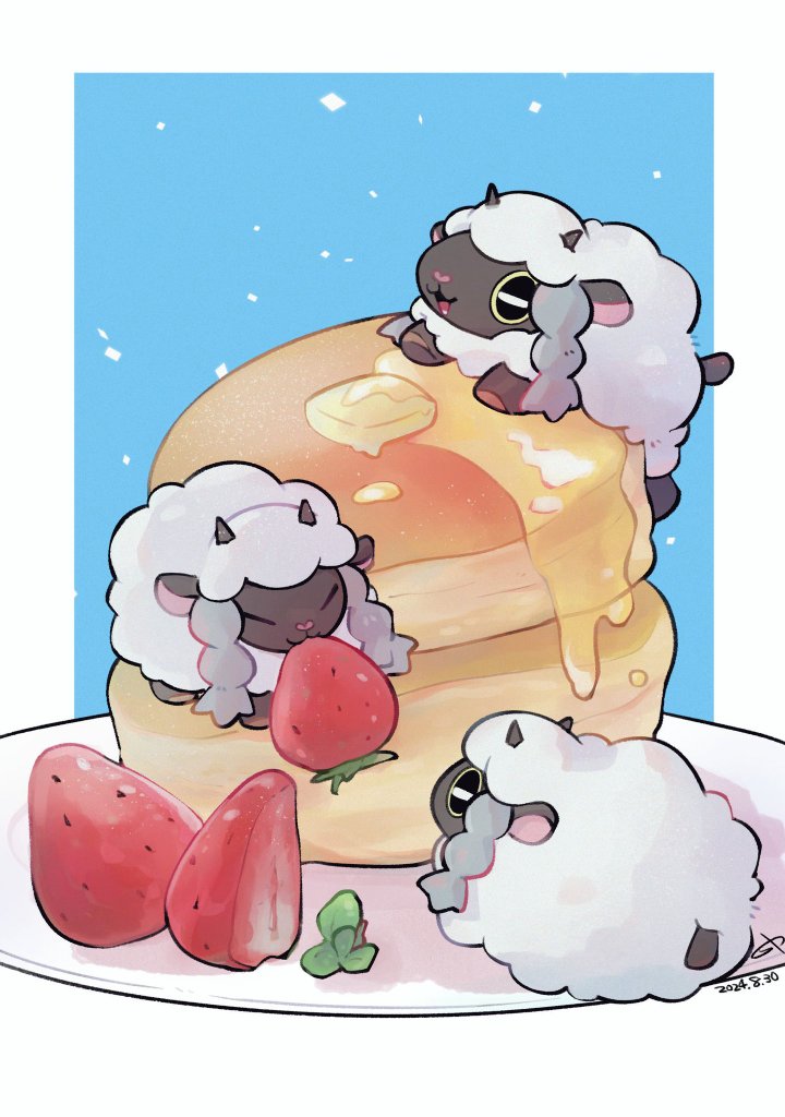 butter dated eating food fruit full_body gen_8_pokemon nintendo no_humans pancake pancake_stack plate pokemon pokemon_(creature) rakkonokawa sheep signature souffle_pancake strawberry wool wooloo