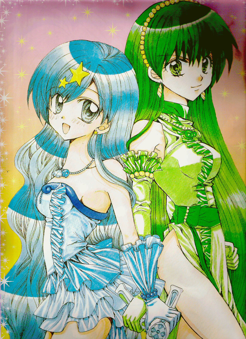 00s 2girls :d armpits back-to-back bare_shoulders beads blue_eyes blue_hair blush bracelet breasts dress earrings elbow_gloves frills gathers gloves green_eyes green_hair hair_ornament hairband hanamori_pink houshou_hanon houshou_hanon_(idol) jewelry long_hair magical_girl mermaid_melody_pichi_pichi_pitch multiple_girls necklace official_art open_mouth pendant sash scan seashell shell short_dress side_slit smile sparkle star_(symbol) star_hair_ornament thighs touin_rina touin_rina_(idol) turtleneck very_long_hair wand