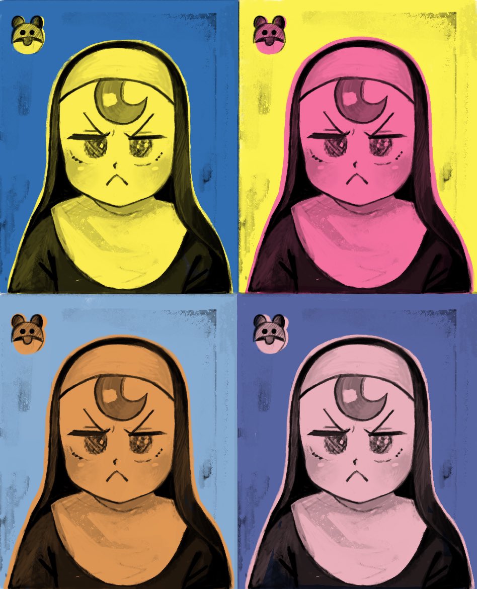 1girl :&lt; andy_warhol closed_mouth diva_(hyxpk) froggy_nun_(diva) habit limited_palette little_nuns_(diva) looking_at_viewer multiple_views nun parody pop_art simple_background style_parody traditional_nun upper_body v-shaped_eyebrows veil