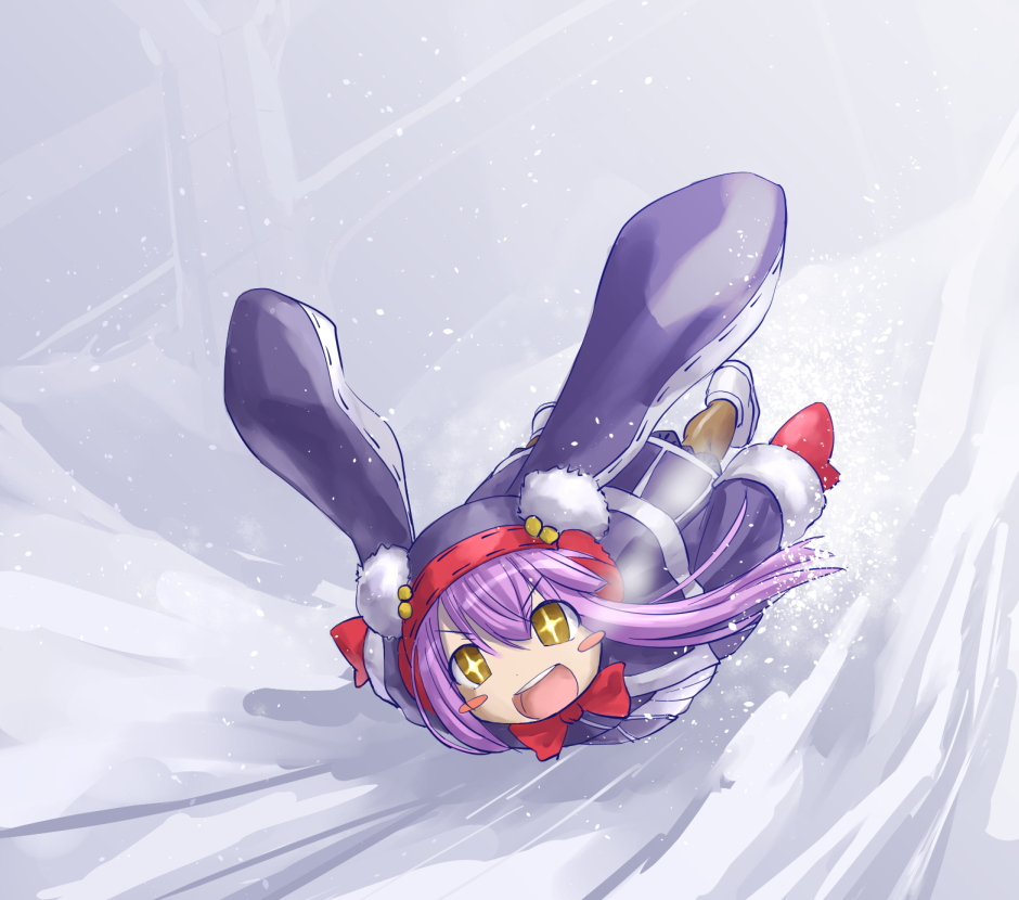 +_+ 1girl animal_hat blush_stickers character_request emil_chronicle_online female_focus gradient_background happy hat kasuga_yukihito lying mittens on_stomach open_mouth pantyhose pepen_alma purple_hair rabbit_hat sliding snow solo winter_clothes yellow_eyes