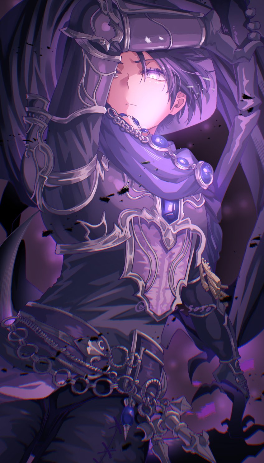 1girl arm_up armor belt black_pants blue_gemstone breastplate brooch cape cowboy_shot final_fantasy final_fantasy_xiv floating_cape gem gloves highres holding holding_weapon jewelry looking_at_viewer o-ring o-ring_belt one_eye_covered pants pauldrons purple_background purple_cape purple_eyes purple_gloves purple_hair purple_theme reaper_(final_fantasy) short_hair shoulder_armor sikiso_soso solo tassel vambraces weapon zero_(ff14)