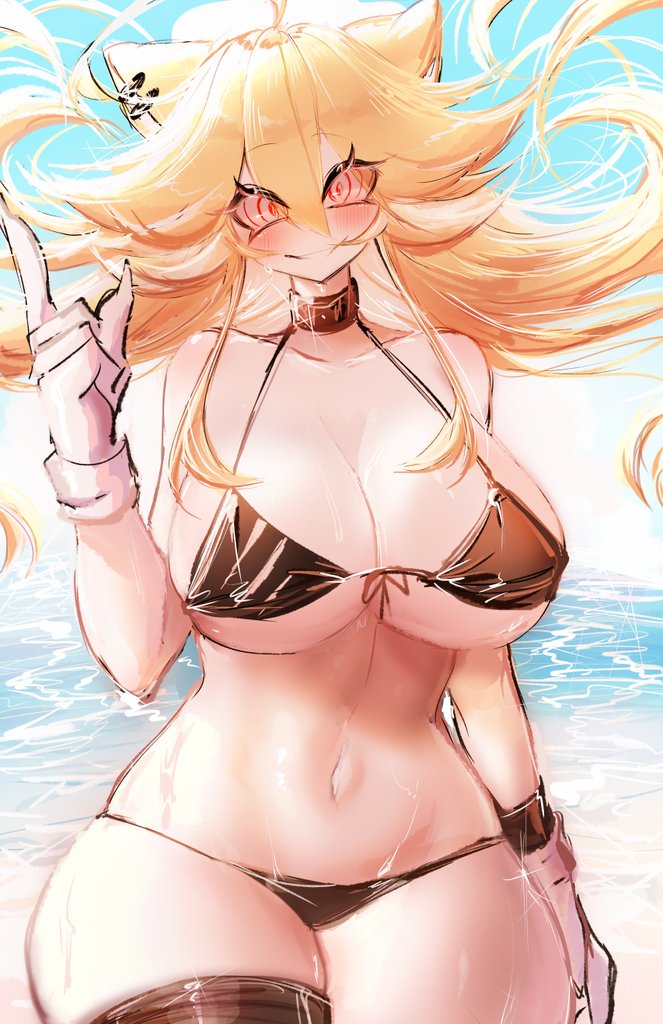1girl @_@ animal_ears bikini blonde_hair blush breasts choker cleavage ear_piercing fleetway_super_sonic genderswap genderswap_(mtf) gloves huge_breasts humanization long_hair looking_at_viewer messy_hair midriff navel piercing red_eyes sideboob smile sonic_(series) sonic_the_comic sonic_the_hedgehog super_sonic swimsuit thick_thighs thighhighs thighs underboob usa37107692 wet wide_hips