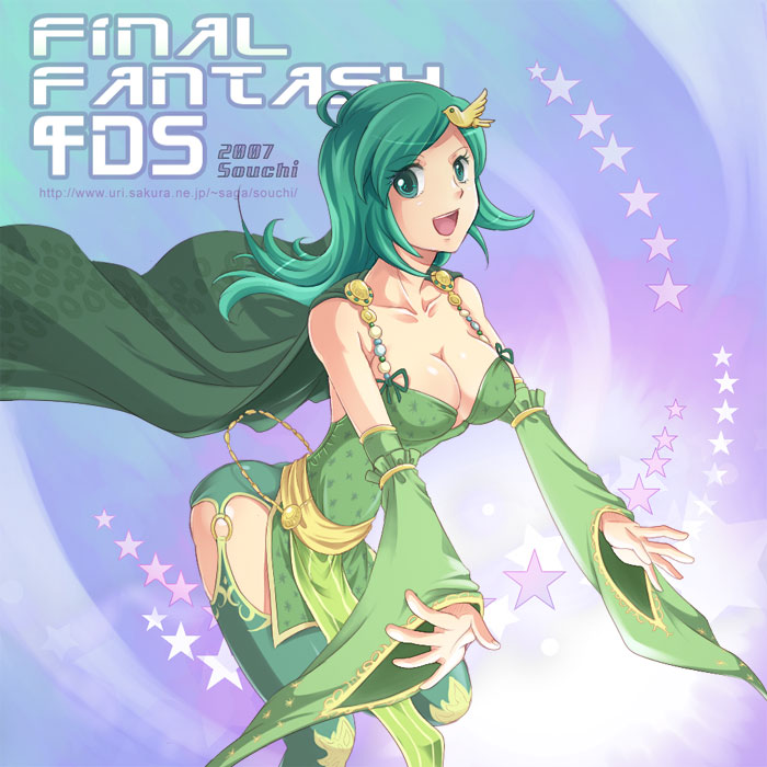 1990s_(style) 1girl breasts cleavage detached_sleeves female_focus final_fantasy final_fantasy_iv green_eyes green_hair large_breasts leaning_forward matching_hair/eyes retro_artstyle rydia_(adult)_(ff4) rydia_(ff4) solo souchi thighhighs