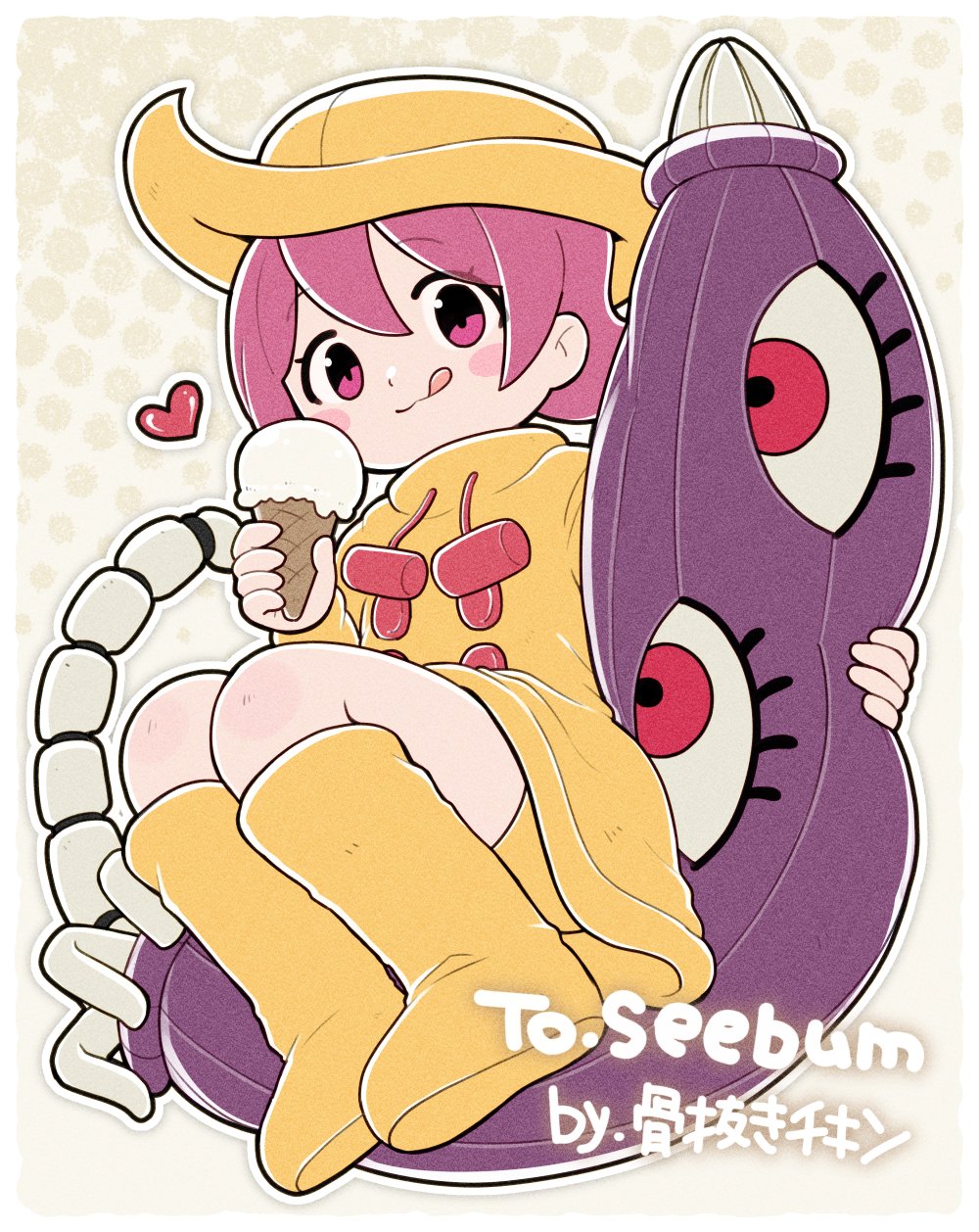 1girl blush_stickers boots chibi commission food hat heart highres hnnkckn hungern_(skullgirls) ice_cream ice_cream_cone licking_lips looking_at_viewer pink_eyes pink_hair raincoat short_hair shorts skullgirls solo tongue tongue_out umbrella umbrella_(skullgirls) yellow_background