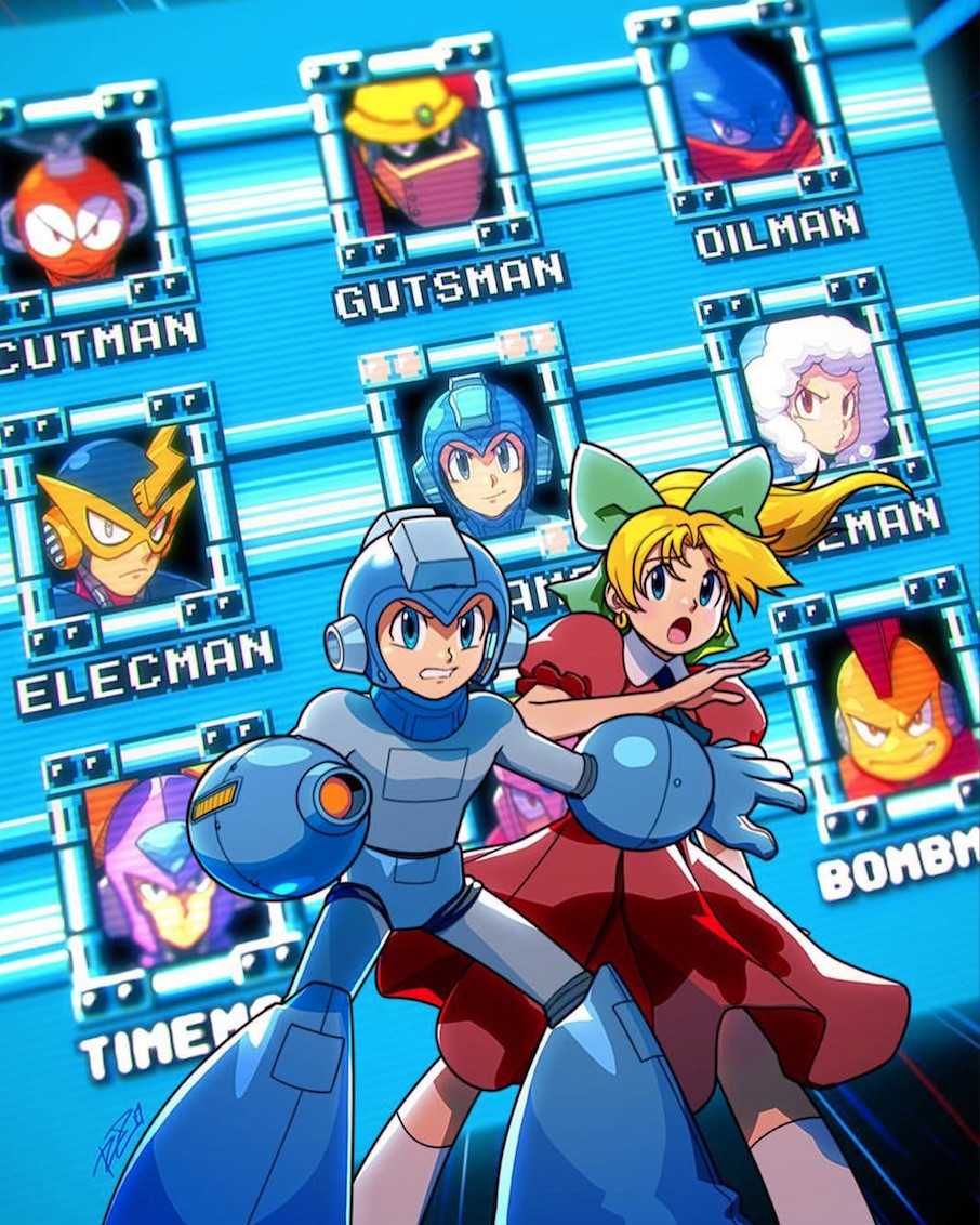 1boy 1girl arm_cannon blonde_hair blue_eyes bomb_man capcom commentary cut_man dress earrings elec_man english_commentary green_ribbon guts_man hair_ribbon helmet ice_man jewelry oil_man open_mouth parody ponytail red_dress ribbon robaato mega_man_(series) mega_man_(character) mega_man_(classic) roll_(mega_man) signature time_man weapon