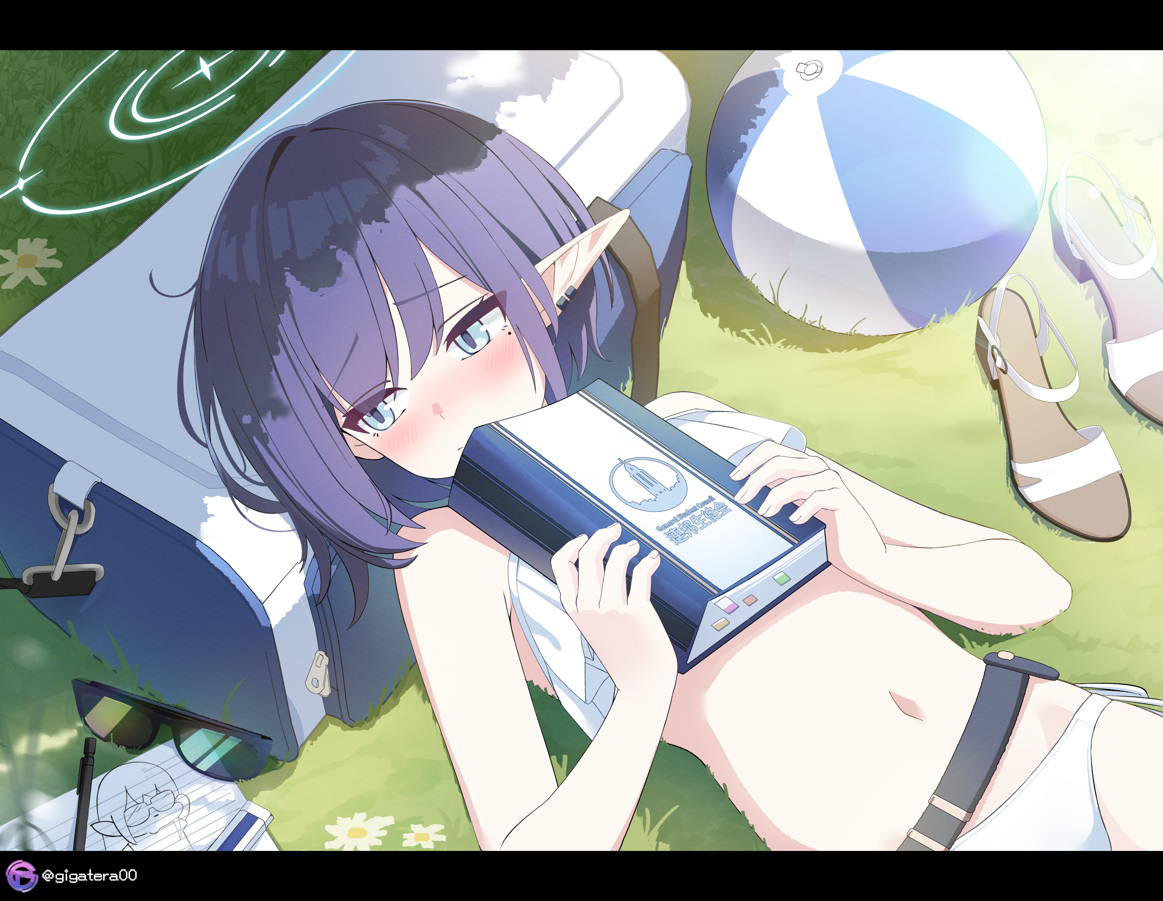 1girl aoi_(blue_archive) ball beachball bikini blue_archive blue_eyes blue_hair blue_halo blush book earclip giga-tera halo highres holding holding_book looking_to_the_side lying mole mole_under_eye navel on_back on_grass outdoors pointy_ears shoes short_hair side-tie_bikini_bottom solo swimsuit unworn_shoes white_bikini