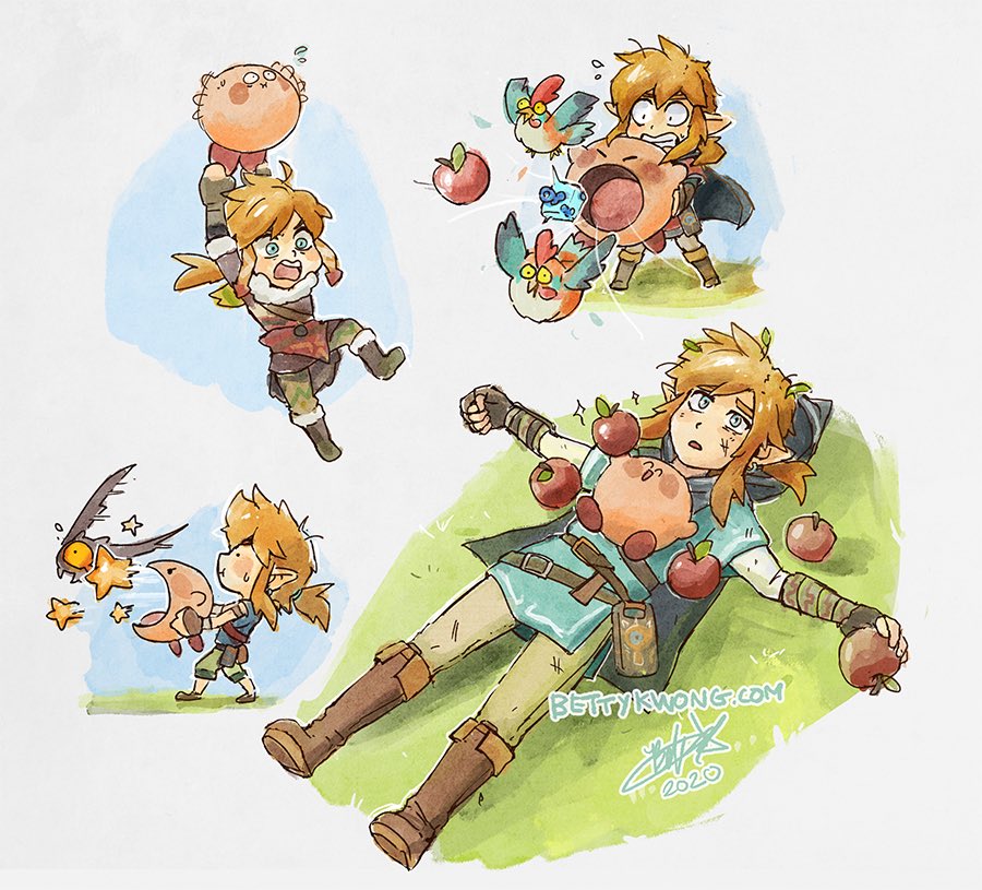 1boy apple bettykwong blonde_hair blue_eyes blue_shirt boots cloak crossover cucco flying food fruit keese kirby link lying multiple_views nintendo on_back shirt smile star_(symbol) the_legend_of_zelda the_legend_of_zelda:_breath_of_the_wild watermark web_address
