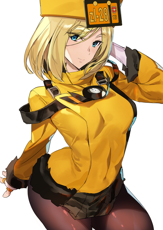 1girl ashiomi_masato blonde_hair blue_eyes brown_pantyhose commentary_request dress eyes_visible_through_hair fingerless_gloves fur_hat gloves guilty_gear guilty_gear_xrd hand_to_head hat millia_rage pantyhose short_dress short_hair smile solo yellow_dress yellow_hat