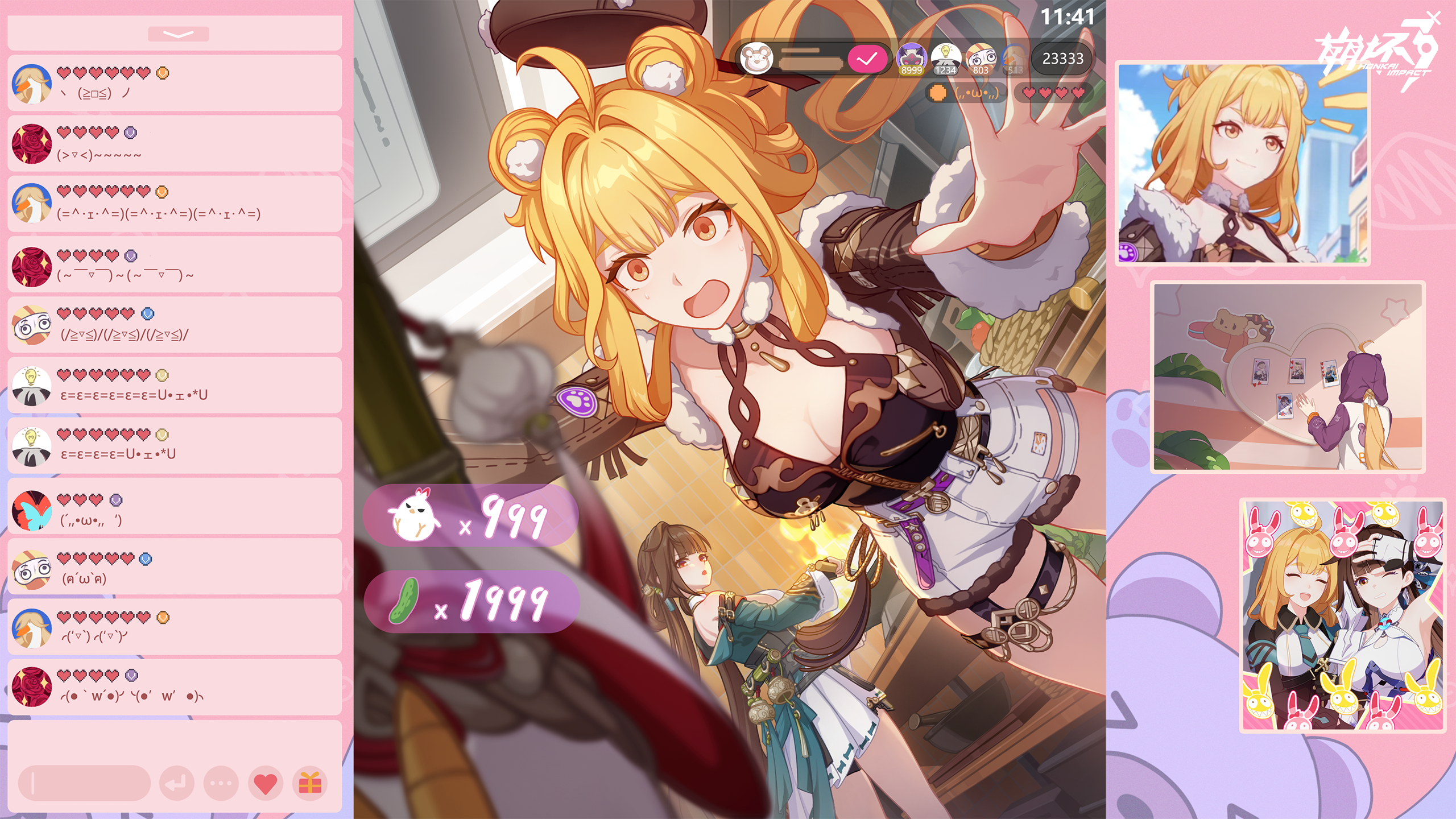 2girls ahoge armpits blonde_hair breasts brown_eyes brown_hair brown_jacket chinese_clothes cleavage highres homei_(honkai_impact) homu_(honkai_impact) honkai_(series) honkai_impact_3rd jacket jingwei_(bird) li_sushang li_sushang_(jade_knight) medium_breasts meme multiple_girls official_art open_mouth photo_(object) shorts susannah_manatt susannah_manatt_(bear_squad_go!) susannah_manatt_(immortal_blades_uniform) susannah_manatt_(valkyrie_quicksand) teri_derp_(meme) white_shorts yellow_eyes
