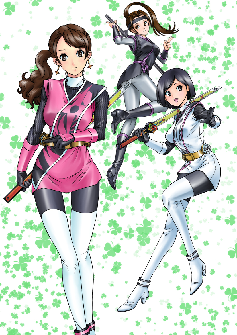 3girls black_hair brown_hair igasaki_fuuka iwa iwa_(artist) kikyou_kousaka kousaka_kikyou ninja momochi_kasumi multiple_girls ninjas shuriken_sentai_ninninger super_sentai