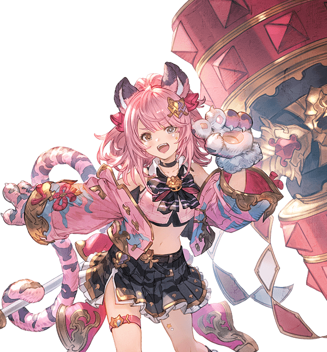1girl :d animal_ears animal_hands belt black_belt black_bow black_bowtie black_choker black_skirt bow bowtie breasts brown_eyes choker cidala_(granblue_fantasy) collared_shirt cowboy_shot crop_top erune fang fusion gloves granblue_fantasy grey_eyes hair_ornament half_updo hammer heterochromia holding holding_hammer jacket long_hair looking_at_viewer messy_hair midriff minaba_hideo navel official_art open_clothes open_mouth open_shirt paw_gloves pink_hair pink_jacket pink_shirt pleated_skirt shirt side_slit skirt sleeveless sleeveless_shirt small_breasts smile solo super_cidala_(granblue_fantasy) tachi-e tail teeth thigh_strap third-party_source tiger_ears tiger_tail transparent_background upper_teeth_only v wide_sleeves