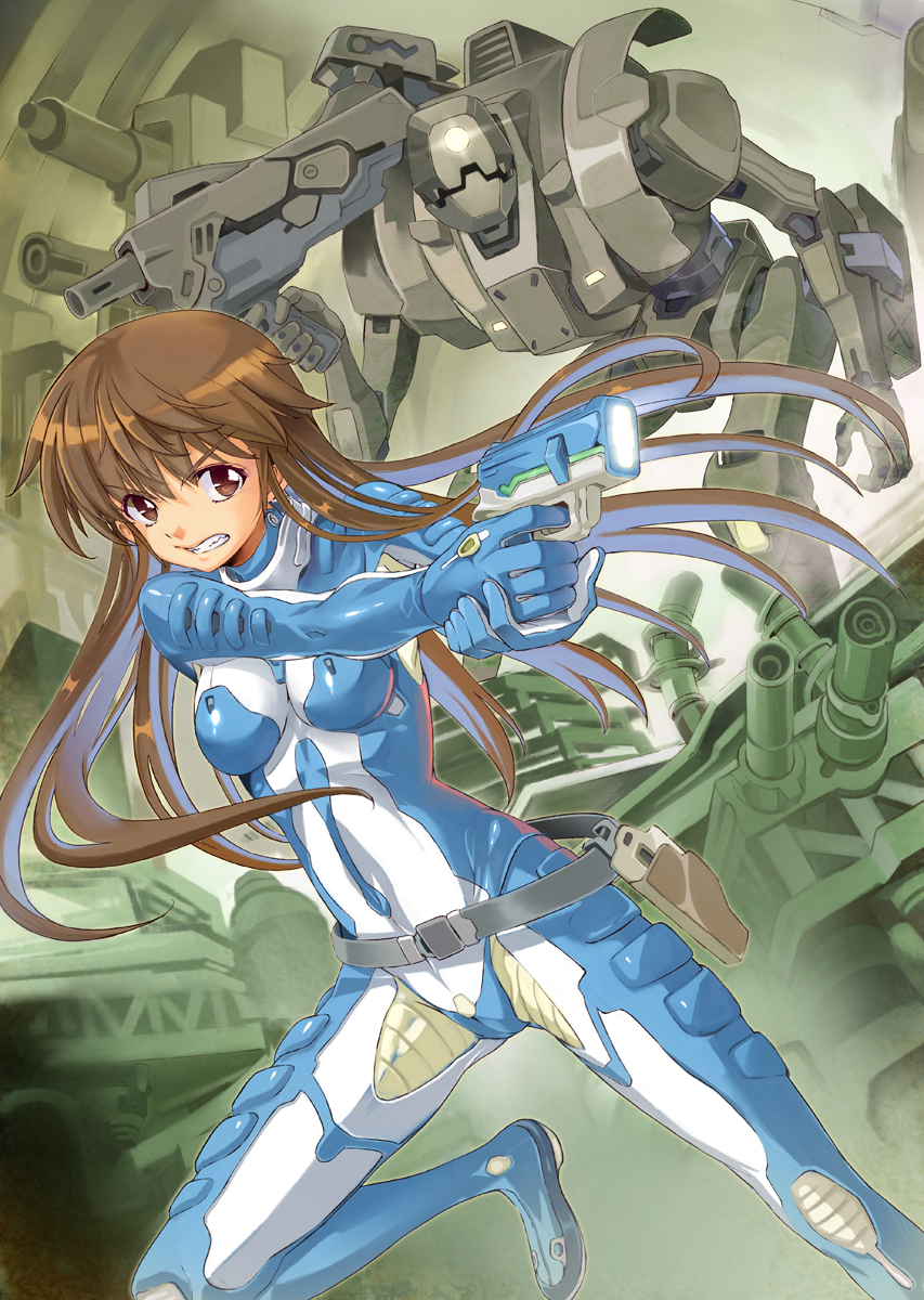 1girl aiming angry belt bodysuit boots brown_eyes brown_hair clenched_teeth covered_navel crossdraw_holster female_focus gloves gun handgun highres holster leg_lift leg_up long_hair mecha miyo_(13th_floor) open_mouth original robot shiny_clothes skin_tight solo teeth weapon