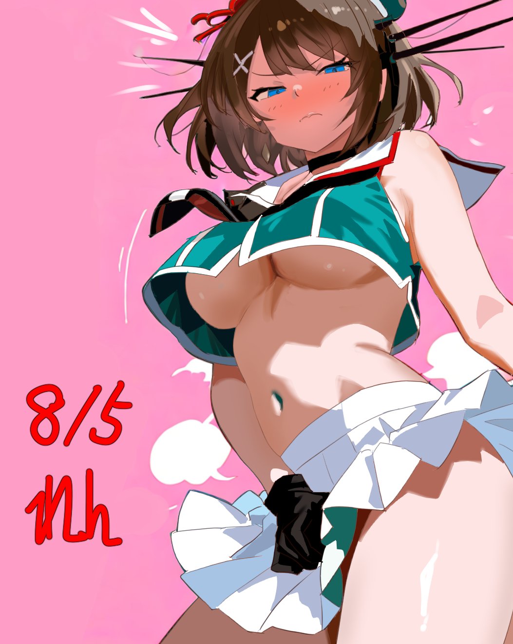 1girl aqua_hat aqua_shirt artist_name beret black_gloves blue_eyes blush breasts brown_hair closed_mouth cowboy_shot dated from_below full-face_blush gloves hair_ornament hashtag-only_commentary hat headgear highres kantai_collection large_breasts looking_at_viewer maya_(kancolle) maya_kai_ni_(kancolle) midriff mini_hat navel one-hour_drawing_challenge pink_background pleated_skirt ren_(pawer1945) shirt short_hair skirt skirt_tug sleeveless sleeveless_shirt solo underboob white_skirt x_hair_ornament
