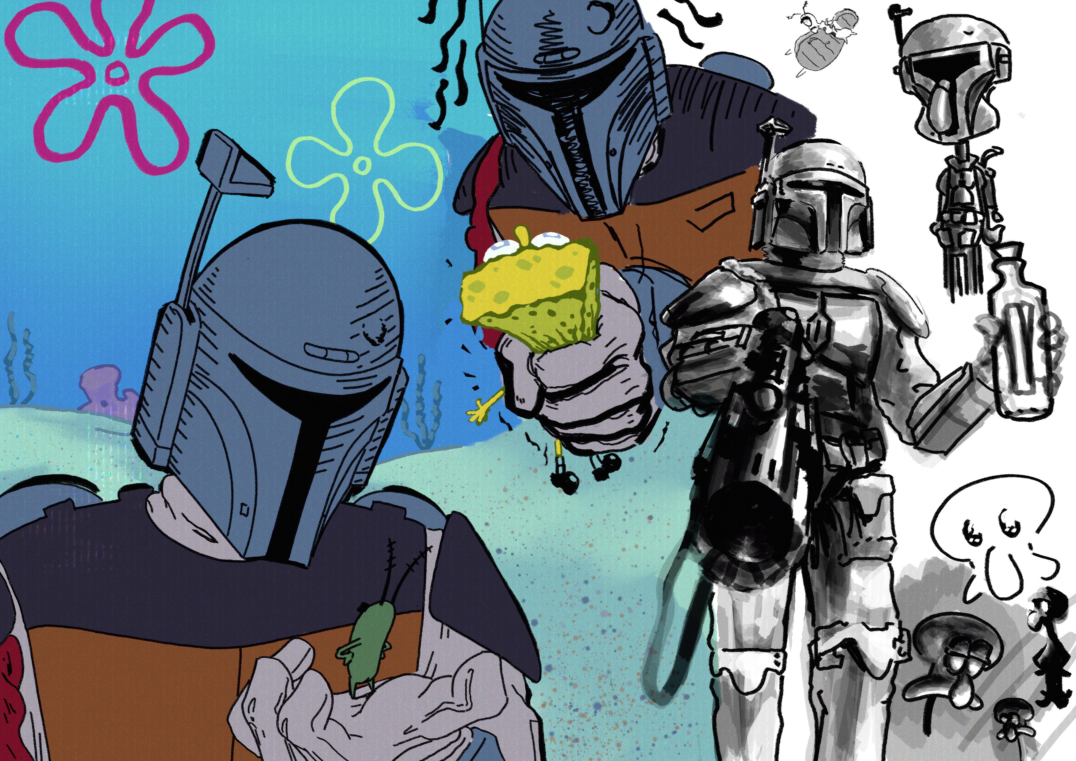 4boys absurdres annoyed boba_fett boba_fett_(cosplay) cosplay crossover giant gloves grey_gloves gun helmet highres holding holding_gun holding_weapon jj_rabbid looking_down mandalorian multiple_boys plankton_(spongebob) spongebob_squarepants spongebob_squarepants_(series) squidward_tentacles star_wars the_star_wars_holiday_special underwater weapon