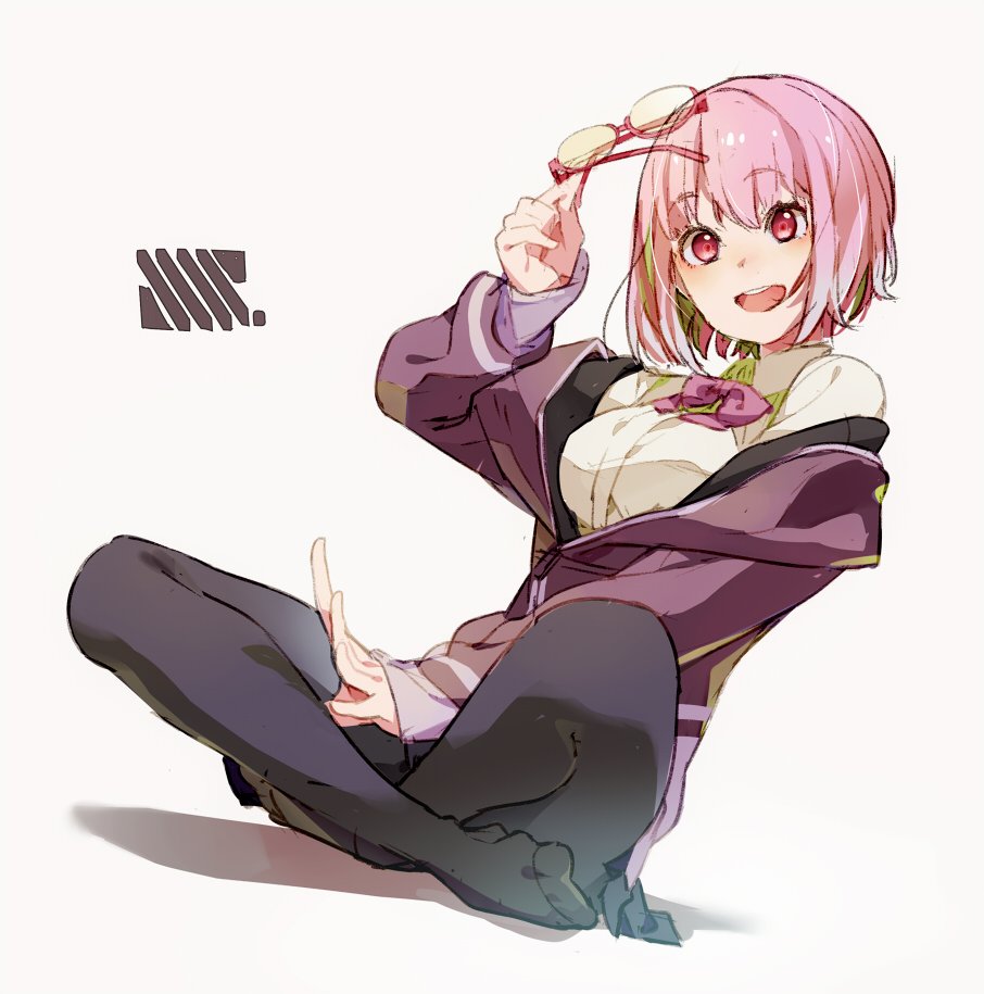 10s bow collared_shirt crossed_legs feet gridman_universe jacket light_purple_hair long_sleeves mmlu_(honwa_karesu) no_shoes off_shoulder pantyhose pink-framed_eyewear purple_bow purple_jacket semi-rimless_eyewear shinjou_akane shirt sitting solo ssss.gridman under-rim_eyewear white_background white_shirt zipper_pull_tab