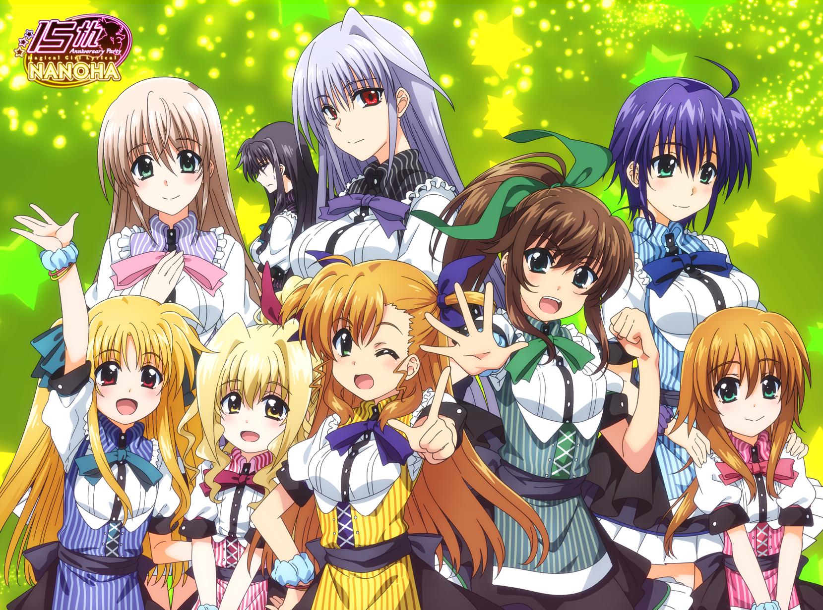 6+girls ahoge alicia_testarossa blonde_hair blue_hair bow brown_hair cosplay fuka_reventon green_background grey_hair highres in-franchise_crossover ixveria kawakami_shuuichi lily-strosek lyrical_nanoha lyrical_store mahou_senki_lyrical_nanoha_force mahou_shoujo_lyrical_nanoha mahou_shoujo_lyrical_nanoha_a's mahou_shoujo_lyrical_nanoha_a's_portable:_the_gears_of_destiny mahou_shoujo_lyrical_nanoha_innocent mahou_shoujo_lyrical_nanoha_strikers mahou_shoujo_lyrical_nanoha_vivid multiple_girls orange_hair presea_testarossa reinforce scrunchie short_sleeves smile striped_clothes subaru_nakajima vertical-striped_clothes vivid_strike! vivio waitress wrist_scrunchie yuri_eberwein