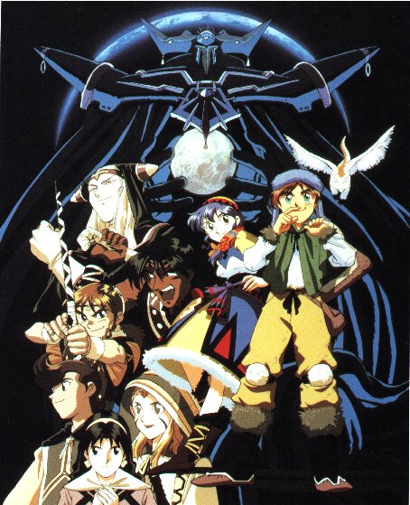 3girls 4boys alex_noah bandana bird blue_hair bow game_arts ghaleon headband jessica_de_alkirk kyle_(lunar) luna_noah lunar lunar:_the_silver_star magic_emperor_(lunar) markings mia_ausa multiple_boys multiple_girls nall_(lunar) nash_rumack official_art pointy_ears ponytail tempest weapon