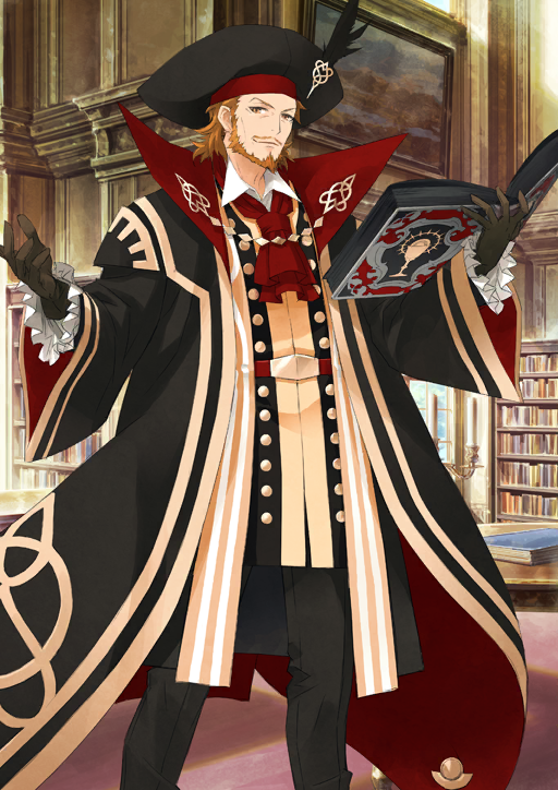 1boy ascot beard belt belt_buckle black_cape black_coat black_gloves black_hat black_jacket black_pants book brown_eyes brown_facial_hair brown_hair buckle buttons cape closed_mouth coat collared_shirt facial_hair fate/grand_order fate_(series) feet_out_of_frame frilled_sleeves frills full_beard gloves hands_up hat hat_feather holding holding_book indoors jacket konoe_ototsugu legs_apart long_sleeves male_focus medium_hair mustache official_art open_book open_clothes open_coat outstretched_arms pants red_ascot red_belt shirt smile solo standing sweater_guard third-party_source two-sided_coat two-sided_fabric white_shirt wide_sleeves william_shakespeare_(fate) wing_collar
